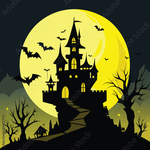 
Spooky Halloween haunted house on a hill with bats and pumpkins under a full moon, a scary cartoon vector illustration