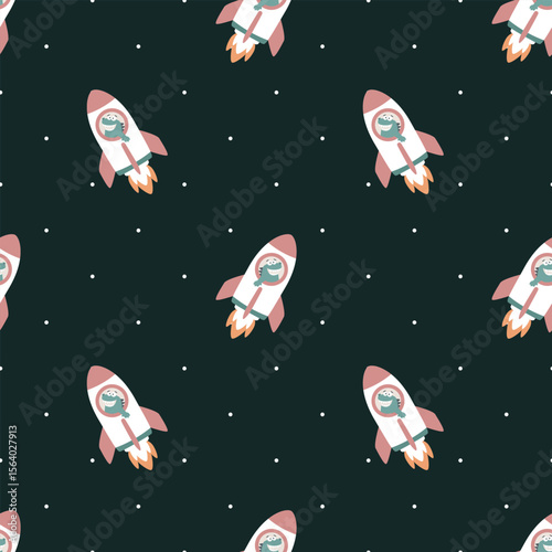 Seamless print with funny dinosaur on rocket.