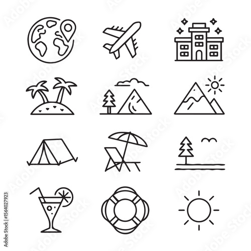 Collection of travel and vacation icons including a globe with a pin airplane hotel tropical island mountains tent beach chair tree cocktail lifebuoy and sun