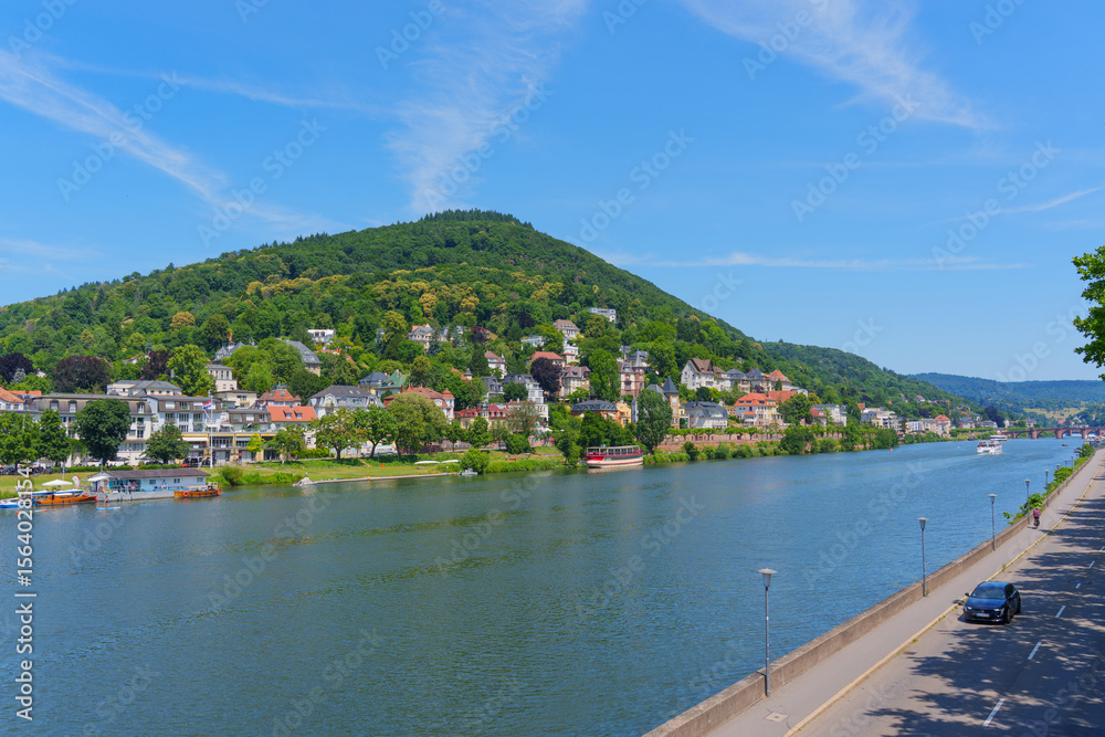 Fototapeta premium Scenic River View Of Heidelberg With Lush Green Hills And Blue Sky