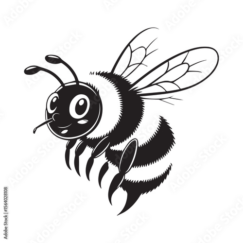 Charming cartoon bumblebee character with big eyes and fuzzy body flying happily against a white background