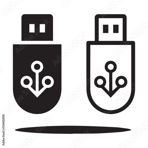 Two stylized usb flash drive icons one solid black and one outlined in black on a white background