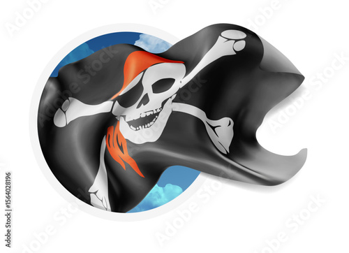Pirate, vector 3d flag against a blue sky, through a round hole on a white background