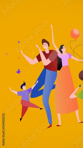Animation of illustration of happy family dancing with balloons on yellow background