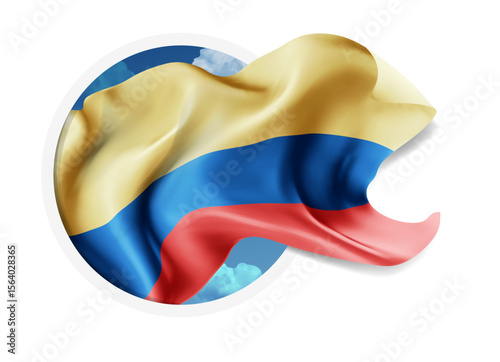 Colombia, vector 3d flag against a blue sky, through a round hole on a white background