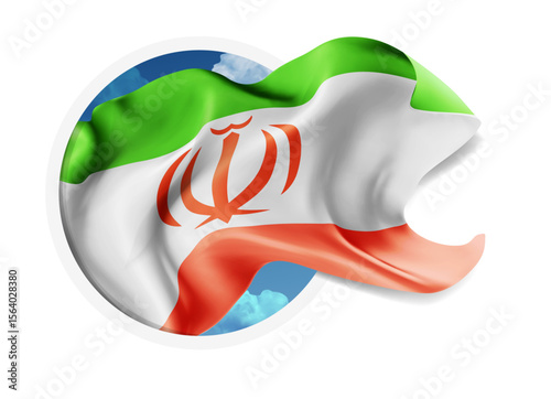 Iran, vector 3d flag against a blue sky, through a round hole on a white background