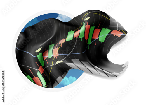 Exchange, vector 3d flag against a blue sky, through a round hole on a white background