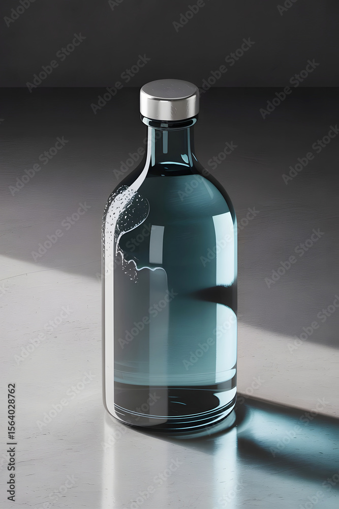 Fototapeta premium Elegant glass bottle with water reflecting light in a modern setting near a shadowed surface