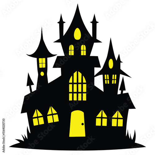 
Spooky Halloween haunted house on a hill with bats and pumpkins under a full moon, a scary cartoon vector illustration