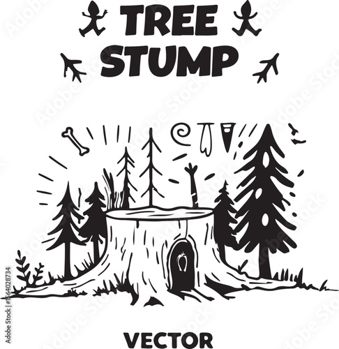 Forest scene with tree stump and playful figures nature woodland