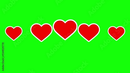 animation of five red hearts bouncing on green background