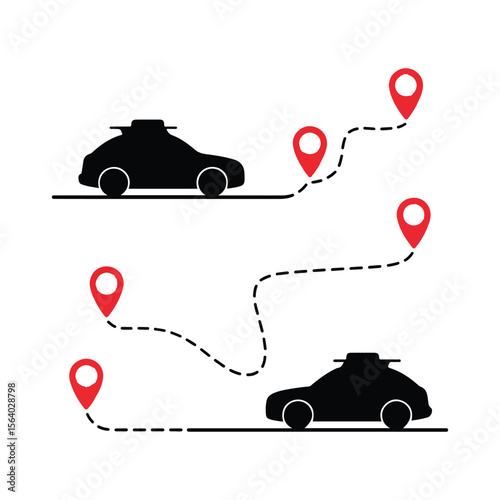 Two black car silhouettes following dashed lines with red location pins indicating a route or journey