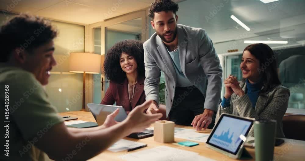 Handshake, tablet screen and business people in office, charts and stock market goals. Group, shaking hands and employees in workplace, tech or achievement with graphs for profit increase or b2b deal