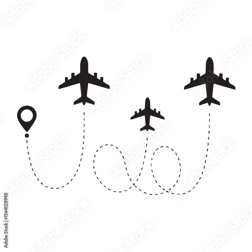 Three silhouette airplanes flying on dashed routes from a location pin on a white background