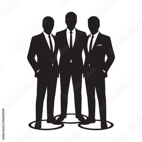 Three silhouetted businessmen in suits standing together in a line with circles around their feet representing personal space or boundaries