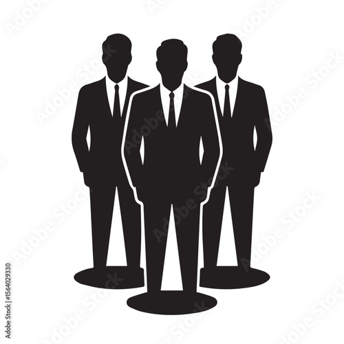 Three businessmen in silhouette standing together in formal suits and ties representing teamwork and corporate professionals