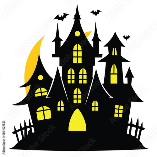 
Spooky Halloween haunted house on a hill with bats and pumpkins under a full moon, a scary cartoon vector illustration