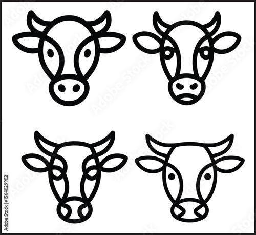 Set of Four Cow Head Faces in Black Outline Style Vector Icons