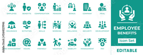 Employee Benefits Icon Set. Features icons of insurance, bonuses, paid leave, remote work, retirement plans, and wellness. Perfect for HR, business, and onboarding content.