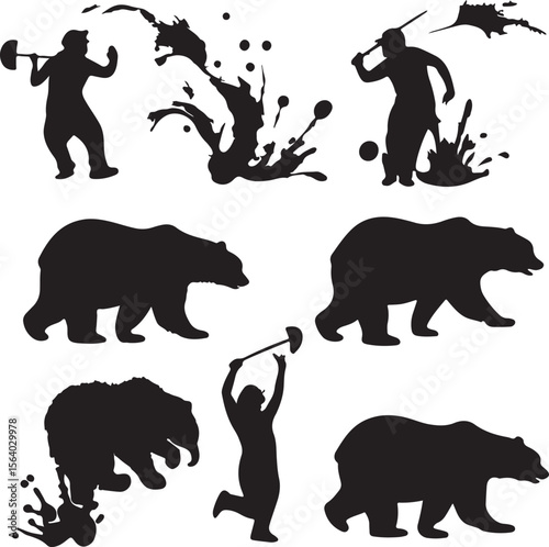Silhouettes of bears and people with splashes person liquid