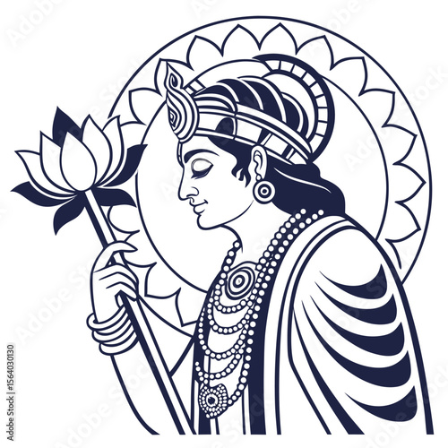 Lord Vishnu with Lotus Flower Line Art