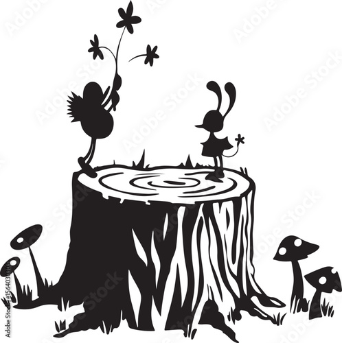 Whimsical creatures interacting with nature on a tree stump black white