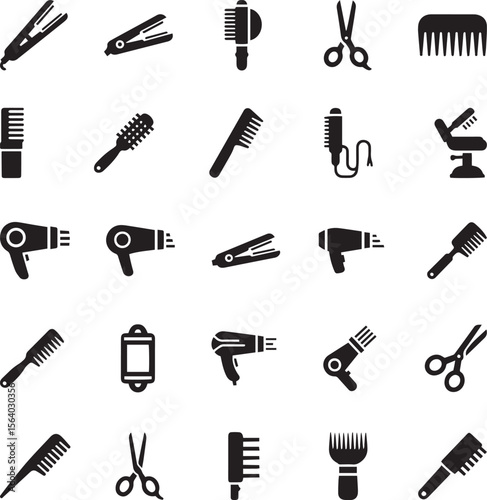 Hair Salon Tool Icons: Black Silhouette Vector Collection for Beauty & Hairdressing