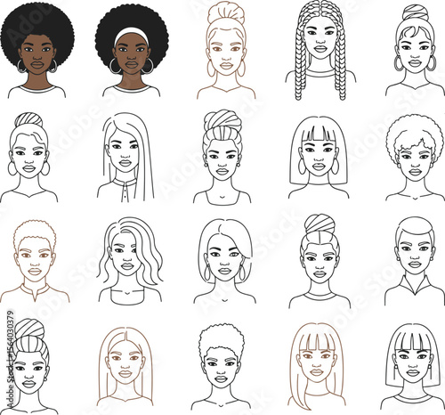 Diverse Female Hairstyles: Outline & Flat Avatars for Women's Beauty & Profiles