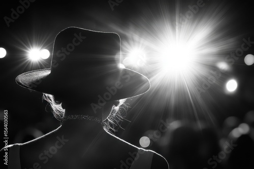 Black and white shot from behind of an individual wearing a hat, silhouetted against bright lights, creates a mysterious and glamorous atmosphere.