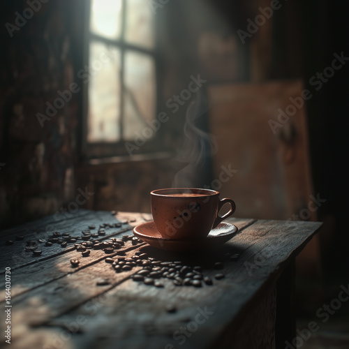 Steaming Coffee on a Rustic Wooden Table by a Window