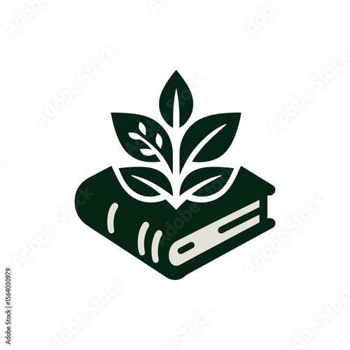 A green book with leaves sprouting from it, symbolizing growth and knowledge in nature