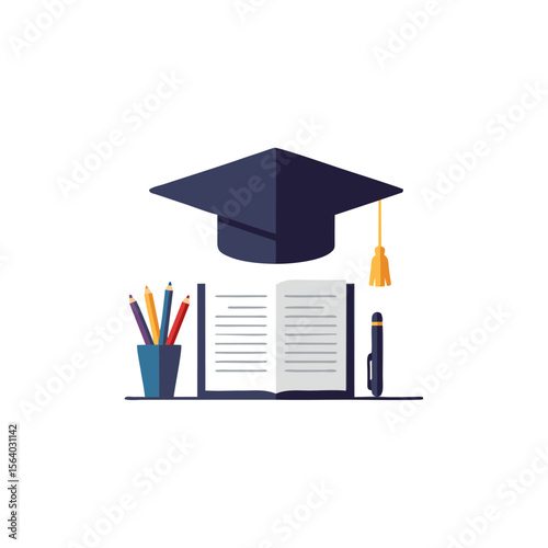 graduation cap and diploma with pencil and book