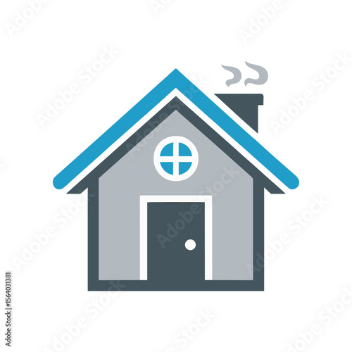 A cozy, stylized house with a chimney and smoke, set against a minimalist background