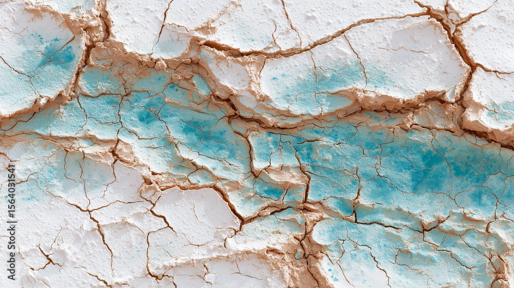 Fototapeta premium Natural cracked mud art with embedded turquoise sediment in grooves