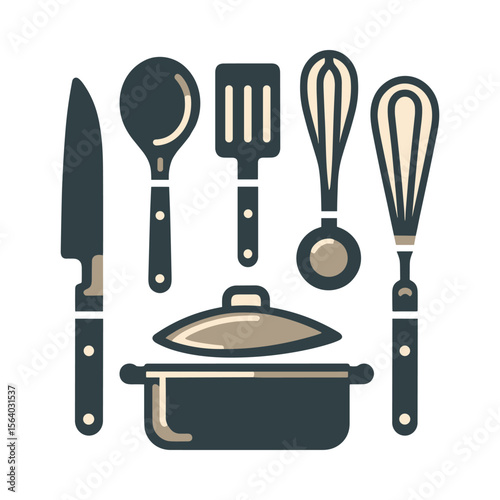 A collection of kitchen utensils including a knife, spoon, spatula, and a pot, ideal for culinary use
