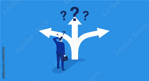 Businessman at Crossroads: Decision Making and Uncertainty. Businessman at a three-way crossroads with question marks, symbolizing decision-making, confusion, and uncertainty.