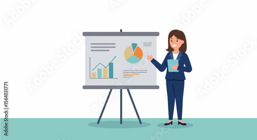 Business Presentation: Woman Explaining Data Charts. Businesswoman giving a presentation, pointing at data charts on a whiteboard, symbolizing business analysis and effective communication.