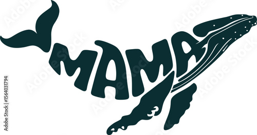 Whale shaped like the word mama with a dark teal color on white background
