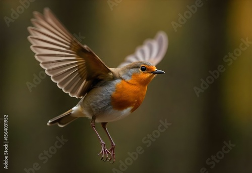 A robin bird with orange breast and grey wings flying in a forest with a blurred background