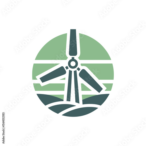 A stylized wind turbine silhouette against a green circular background, symbolizing renewable energy