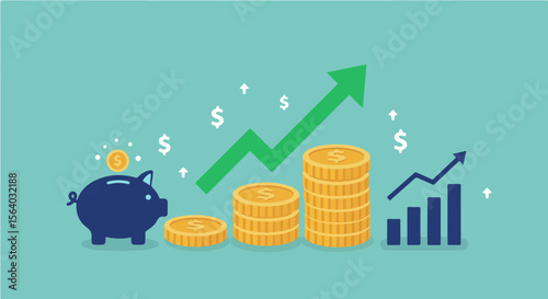 Financial Growth, Savings, and Investment Success.  Illustration of financial growth, savings, and investment with a piggy bank, increasing coin stacks, and upward-trending graphs.