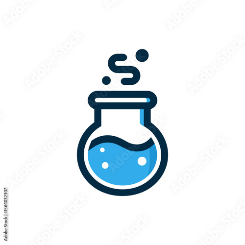 Blue laboratory flask emitting vapor, set against a clean white background, symbolizing science