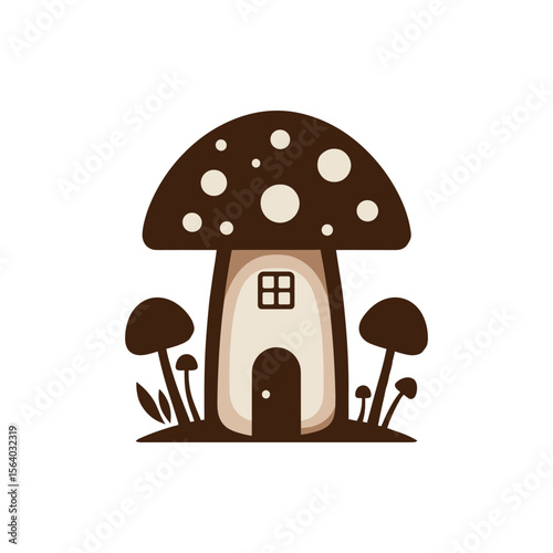 Whimsical mushroom house surrounded by small plants and mushrooms in a minimalist design