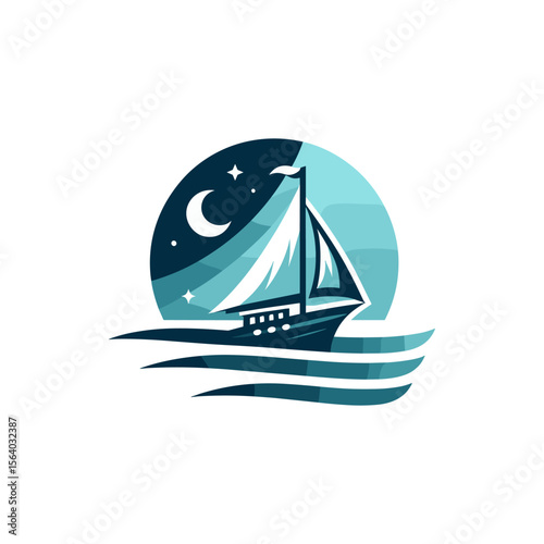 A serene night scene featuring a sailboat gliding across calm waters under a crescent moon
