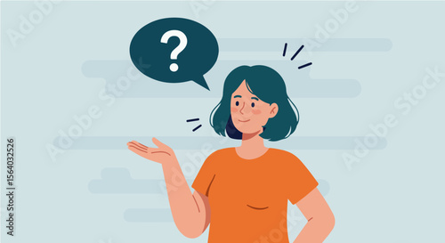 Woman Asking a Question or Presenting an Idea.  Friendly woman with open hand and question mark speech bubble, symbolizing asking, inquiry, or presenting an idea.