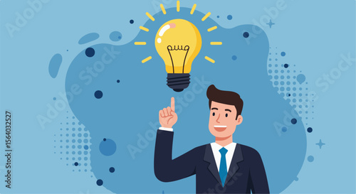 Businessman with Bright Idea and Inspiration. Businessman points at a glowing lightbulb, symbolizing a new idea, inspiration, creativity, or a sudden realization