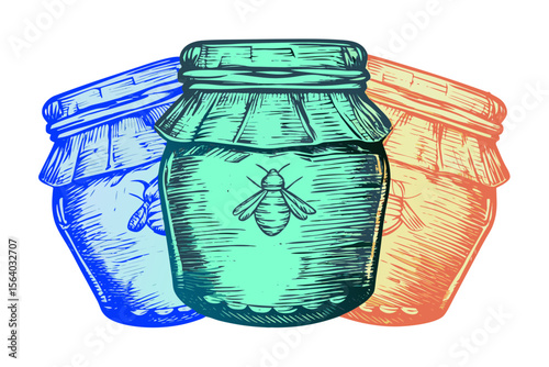 Honey Jars with Bee Illustration in Colorful Design for Rosh Hashanah Celebration, Holiday Cards, Festive Blogs, and Cultural Awareness Content  