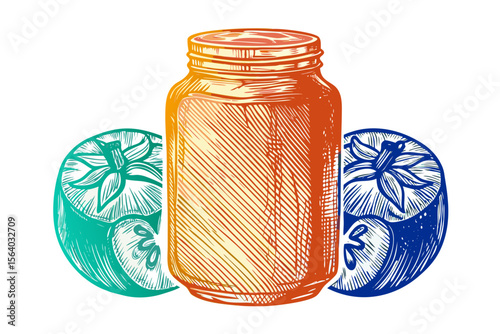 Jar of Jam Surrounded by Ripe Apples in Vibrant Colors for Food Blogs, Recipe Websites, Seasonal Cooking Articles, and Culinary Design Projects  