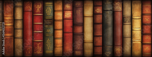 Close up view of a row of antique books with decorative spines in various colors