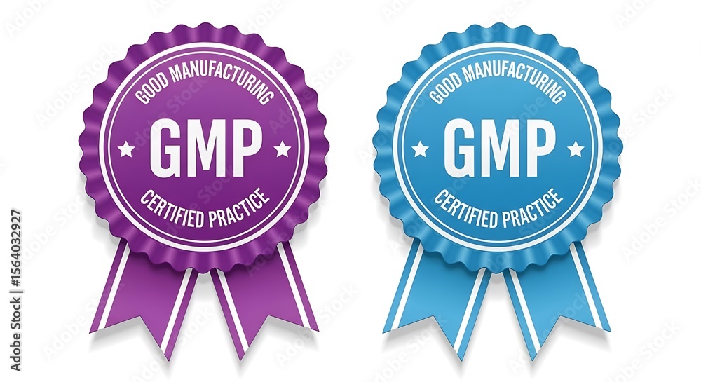 Purple blue circular badges with white text and ribbons award certification Purple blue circular badges with white text and ribbons award certification